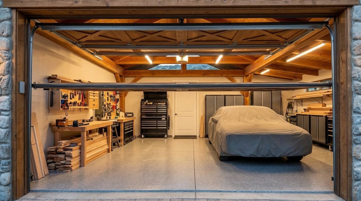 McKinney Garage Door Repair Interior View of Custom Garage Door Overhead and Workshop